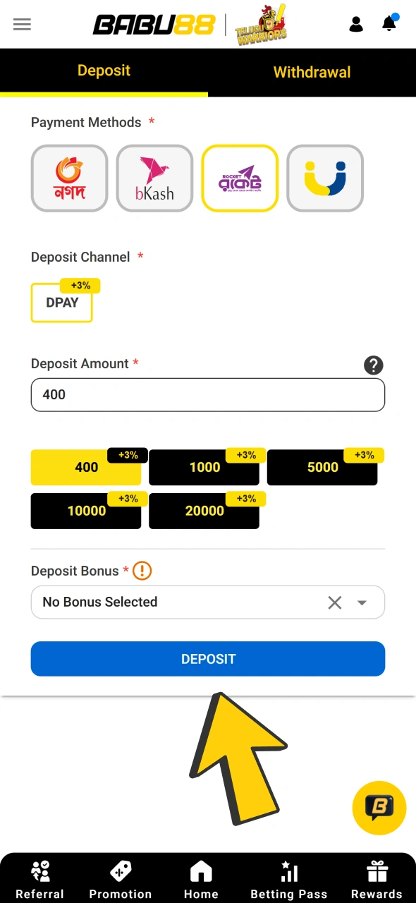 Click deposit button to top up your Babu88 account.