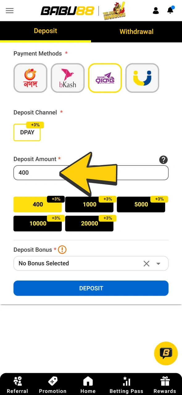 Type in deposit amount or choose one of popular options at Babu88.