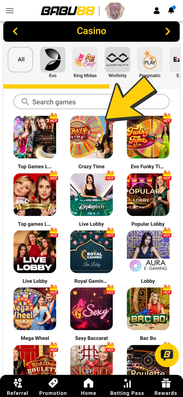 Choose live game from big list at Babu88 live casino section.