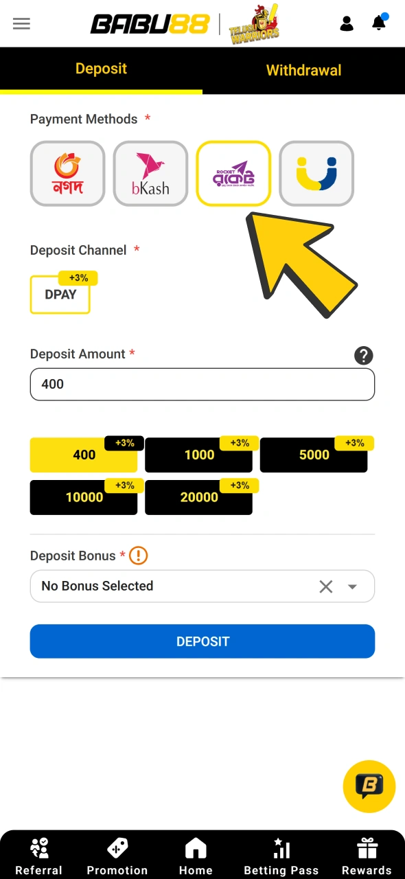 Make first deposit for Aviator game at your Babu88 account.