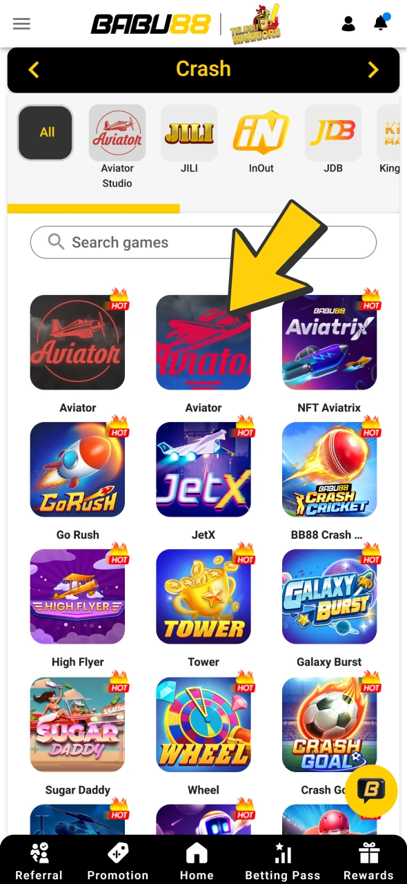 Find Aviator at main page or at Crash games section at Babu88 casino.