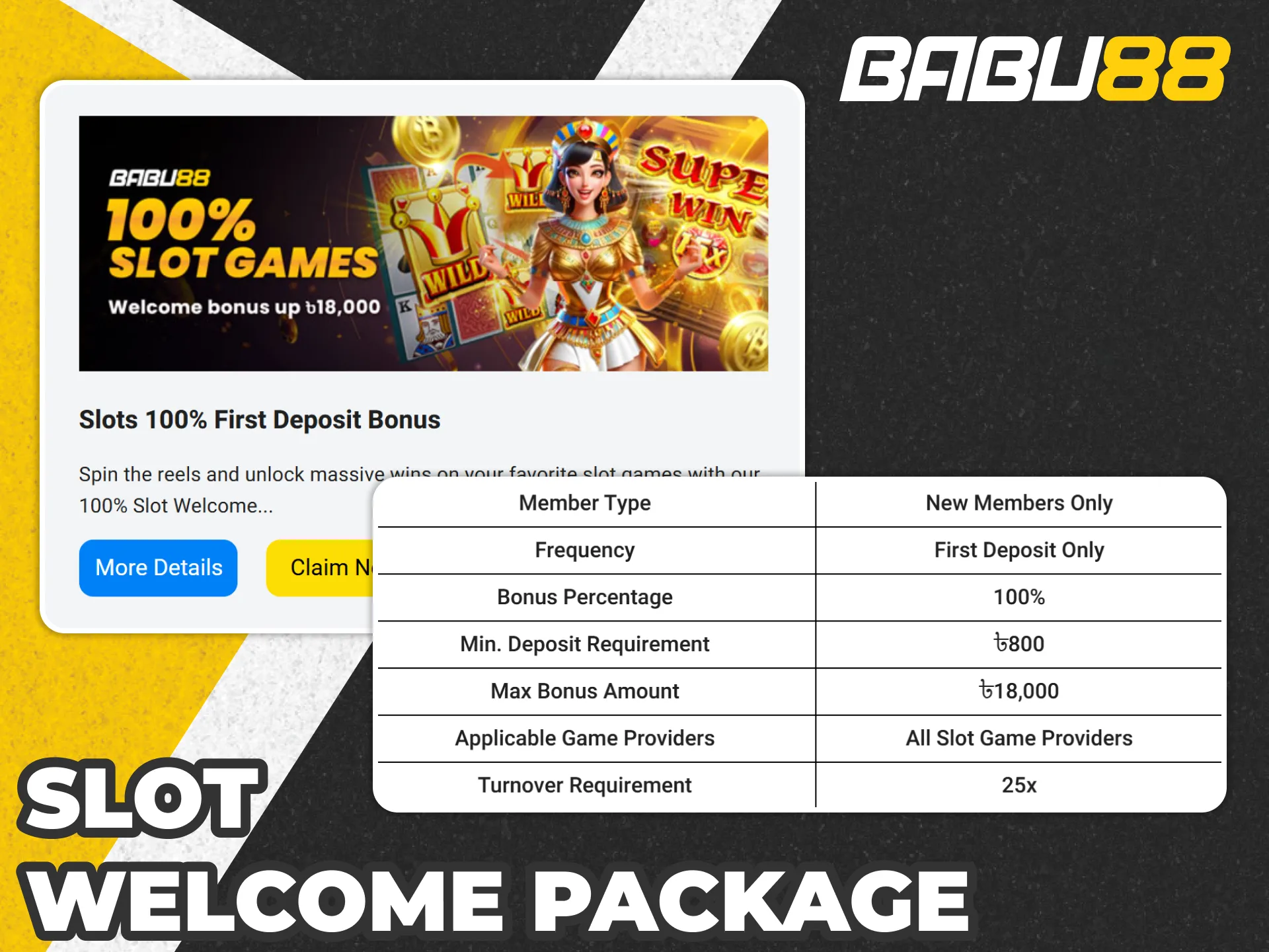 Get welcome bonus for slots up to 100% deposit at Babu88 casino.