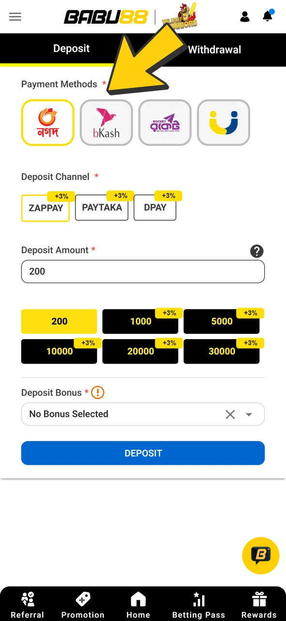 Open deposit page at your Babu88 account to activate bonus.