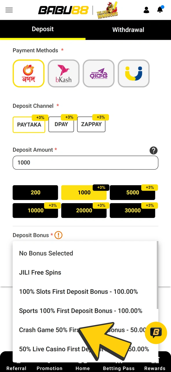 Select bonus from list before finishing deposit at Babu88.