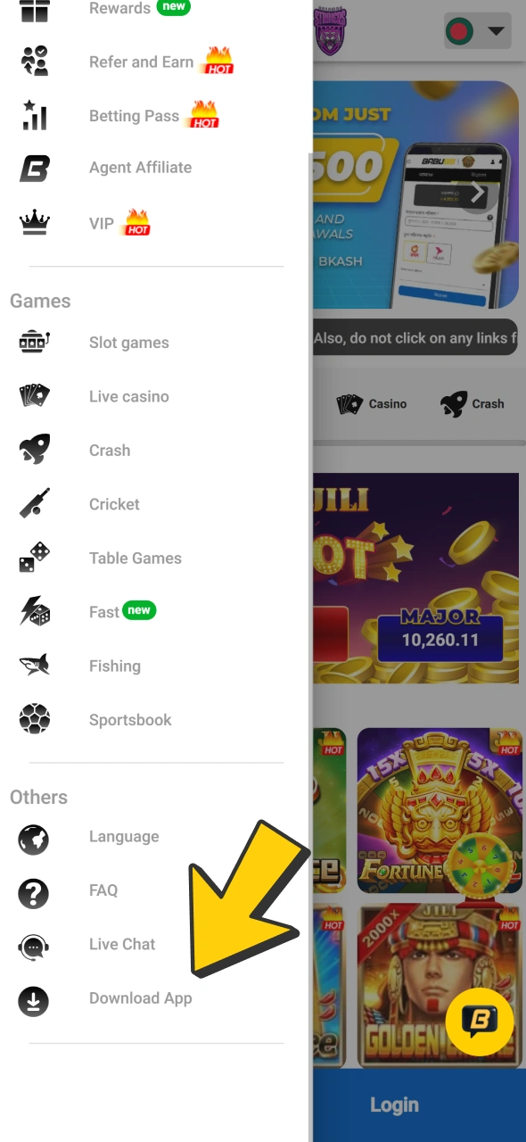 Go to Babu88 website and open menu to get app.