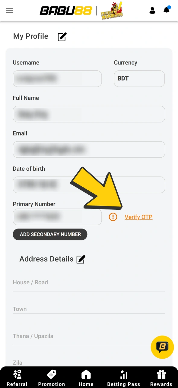 Confirm mobile or email by entering OTP code at your Babu88 account.