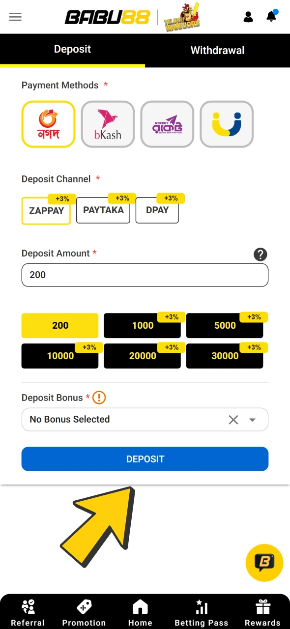Top up your new Babu88 account and start betting.