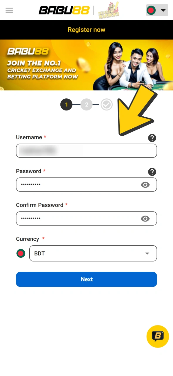 Enter your login and password and go to next Babu88 sign up form.