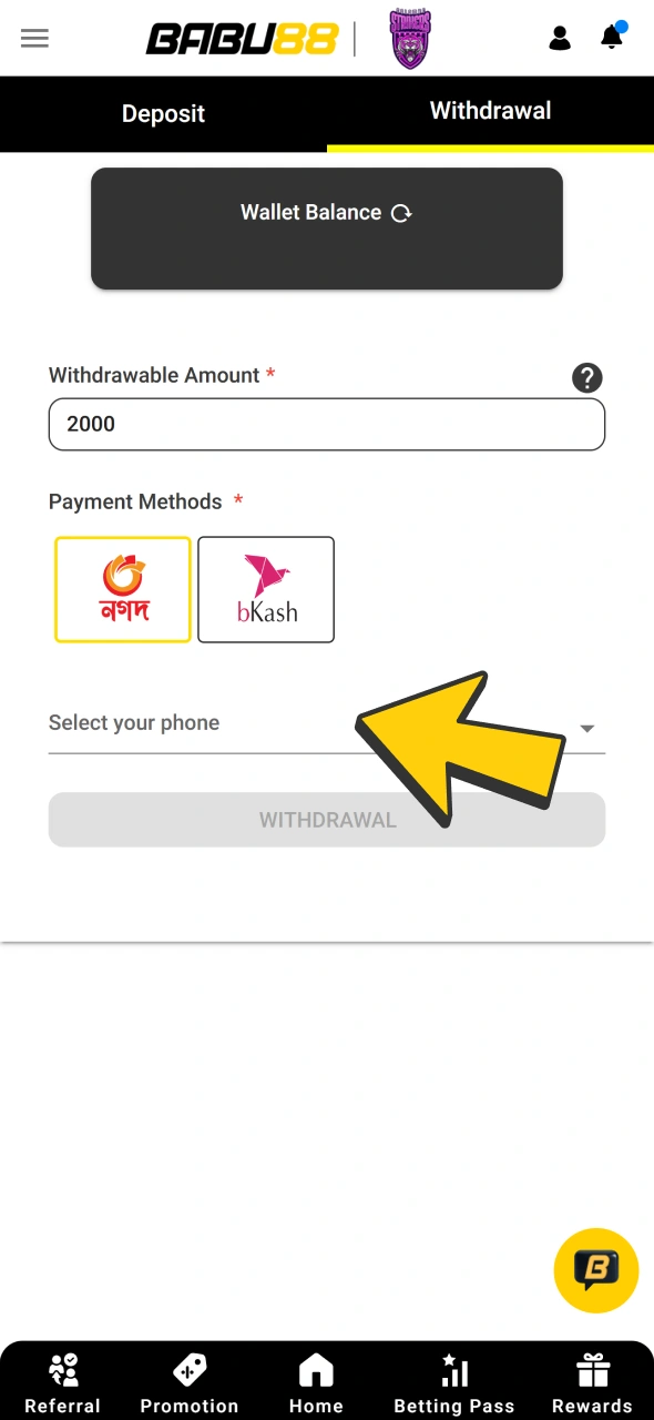 Choose your phone number in the list at Babu88 withdrawal page.