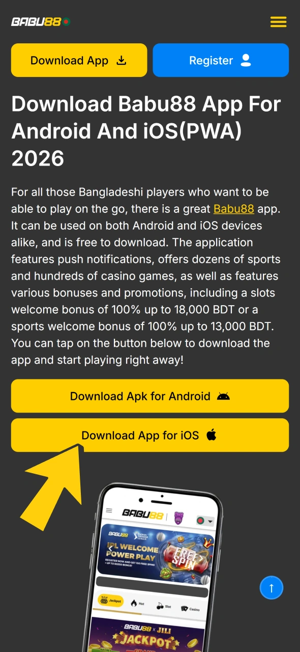 Tap on this button to get Babu88 iOS PWA app.