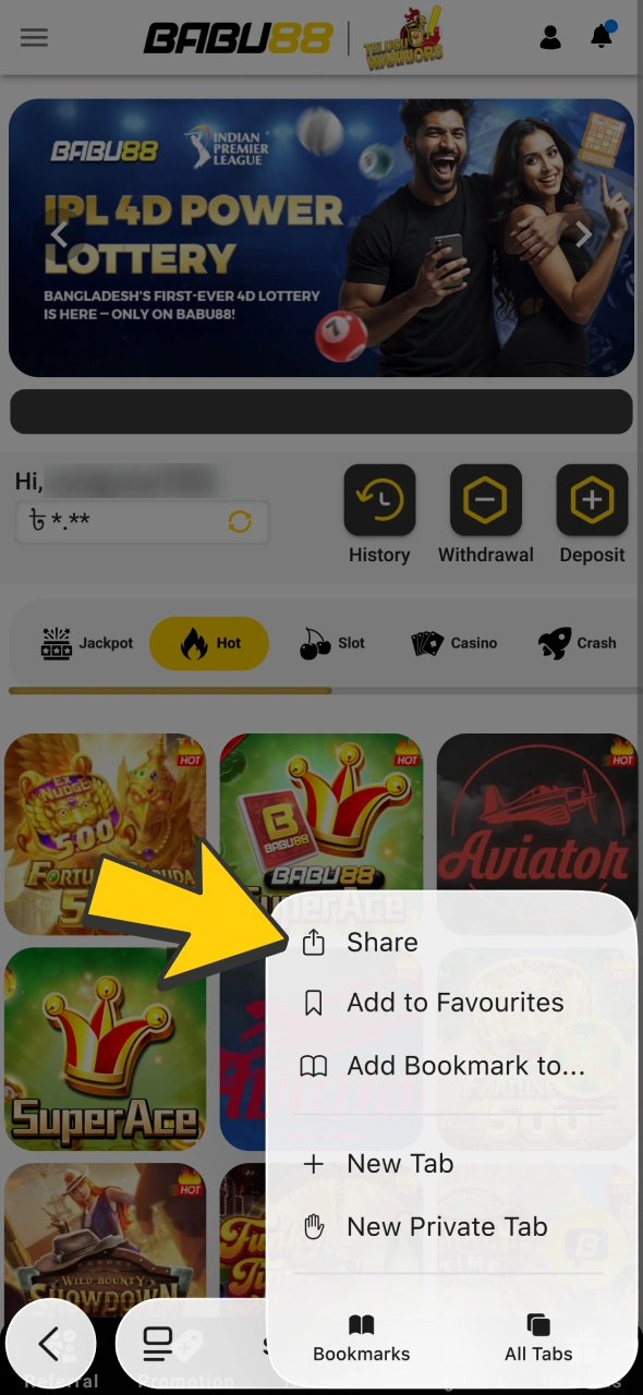 Open Safari menu on Babu88 main page and click share button.
