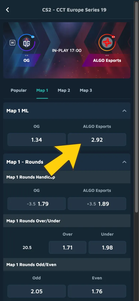 Choose a match and select your market for strategic CS2 betting at Babu88.