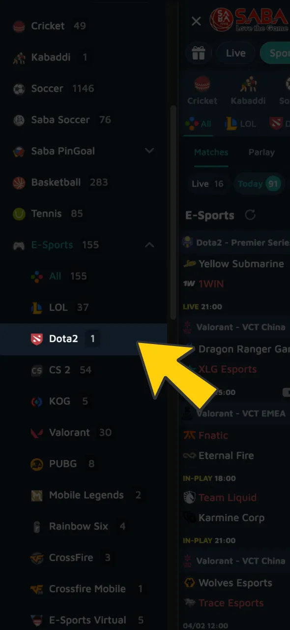 Navigate to the esports section to find all available Dota 2 events.