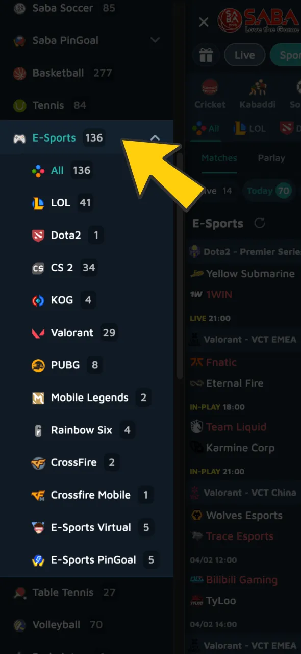 Navigate to the esports section and select StarCraft II from the available games list.