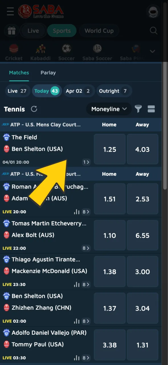 Choose a match and click on your preferred market like match winner or set betting.