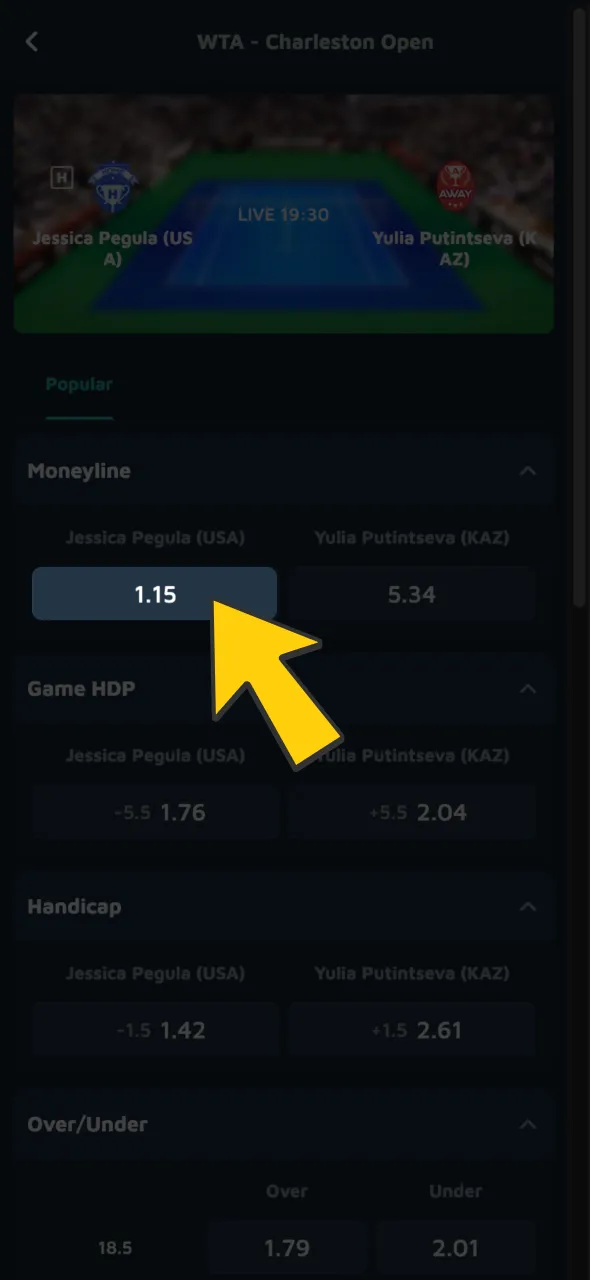 Enter your stake amount in the bet slip located on the right side of the screen.