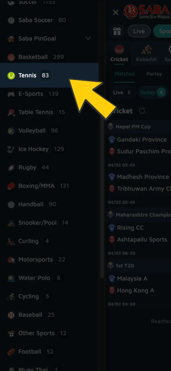 Select tennis from the sport menu to view all available global tournaments.